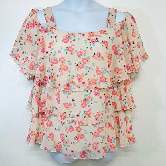 Lane Bryant Top Woman 22 P Pink Floral Tiered Flowy‎ Chiffon Cottagecore Fairy - Picture 1 of 10